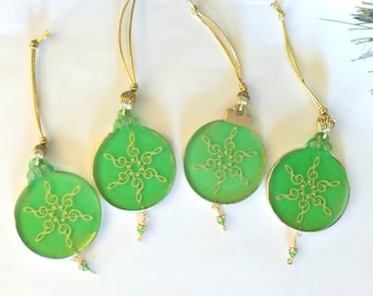 Clear Bright Green Round Christmas Tree Ornaments with Gold Highlights, Gold Musical Notes, Gold Loop, Beads