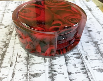 Red Rose Acrylic Coasters with Holder