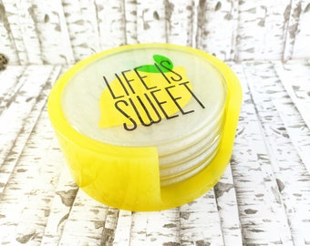 White Resin Coasters, Life is Sweet, Lemons, Yellow Holder