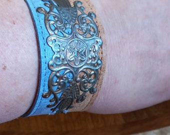 Brown and Blue Wrist Cuff with Brass Filigree and Snaps