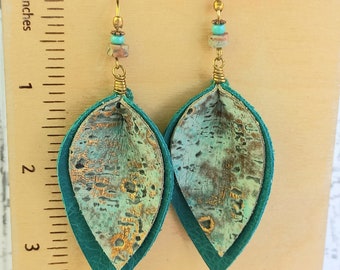 Double Layer Pinched Teardrop, Turquoise and Wildwood Leather, Beaded Wire Wrapped Earrings Ear Wire
