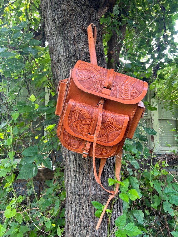 Hand Tooled Western Leather Saddle Backpack Gem