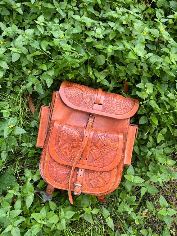 Hand Tooled Western Leather Saddle Backpack