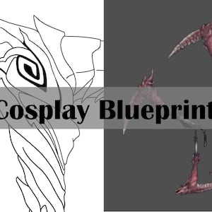 Può includere: Schema di cosplay per una creatura con una grande testa dettagliata e tre paia di zampe affilate e artigliate. La testa è delineata in bianco e nero, mentre le zampe sono mostrate in un colore rosso scuro.