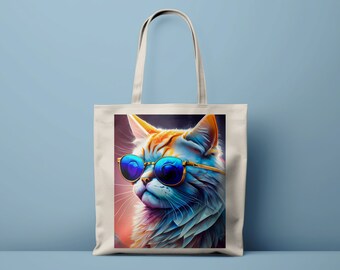 Cool Cat Tote Bag, Stylish Feline with Sunglasses, Vibrant Shopping Bag, Artistic Animal Eco-Friendly Canvas Carryall