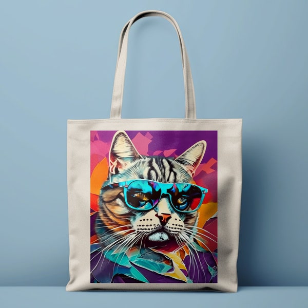 Colorful Cat Tote Bag with Sunglasses, Unique Feline Art Print Shoulder Bag, Vibrant Cat Lover Gift, Stylish Grocery Bag