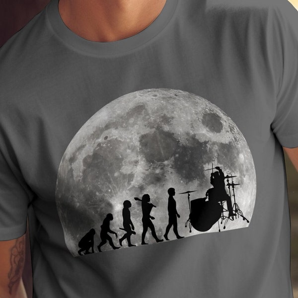 Human Evolution T-Shirt, From Ape to Drummer, Unique Drumming Enthusiast Gift Moon Lunar Background