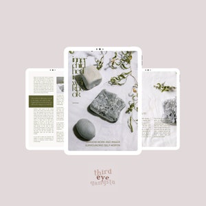 May include: Three digital tablets displaying pages from a workbook titled "Inner Child Heal Workbook". The pages feature text, images of stones, and dried foliage. The bottom of the image has the text "third eye gangsta".