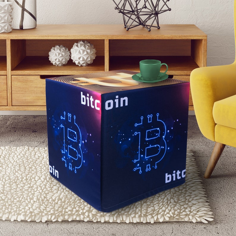 Bitcoin Dark Blockchain Block Pouf Cube End Table Stool Ottoman Seat Foot Rest Sturdy 350 Lb Sit On Any Side Multifunctional - 