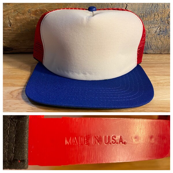 Vintage New Era blank trucker hat // new old stock deadstock // red white blue tri color // made in USA // surf skate blank plain // patch