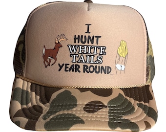 Vintage Camo Trucker hat // I Hunt white tails year round hat // funny booty deer hunting cap // two tone camo // mens humor snapback hat