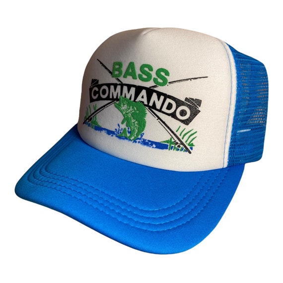 Vintage Fishing Hat // Bass Commando Bass Fishing Hat // Blue Trucker Cap  // Deadstock New Old Stock Nos // Outdoor Fish Fisherman Cap 