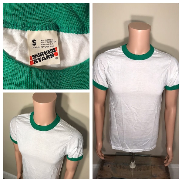 Vintage Screen Stars tshirt // plain ringer tee // white & green // adult size small // paper thin 50/50 tshirt // made in USA // Blank tee