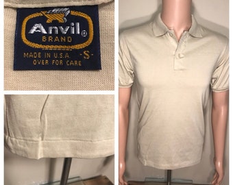 Vintage Anvil Brand Polo BLANK tshirt // NOS // deadstock plain blank tee // tan khaki // adult size small // made in USA 50/50 blend //