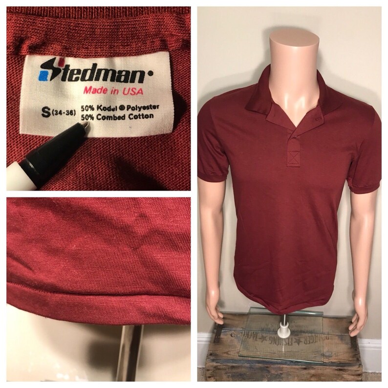 Vintage Stedman Polo collared tshirt NOS deadstock plain blank tee Maroon adult size small made in USA 5050 blend