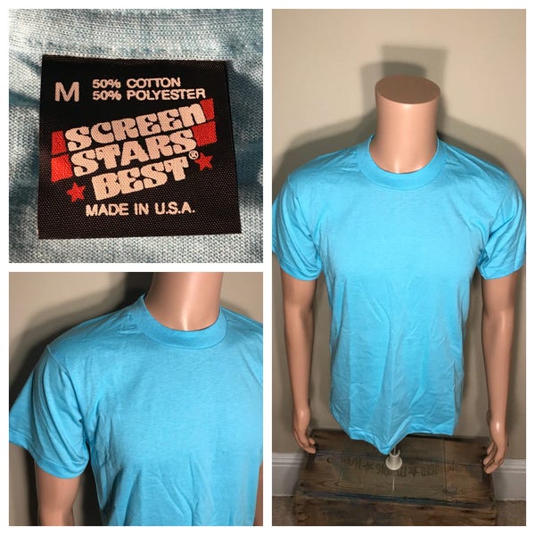 Vintage Screen Stars tshirt // New Old stock // deadstock plain blank tee // sky blue // adult size medium // rare paper thin 50/50 tshirt