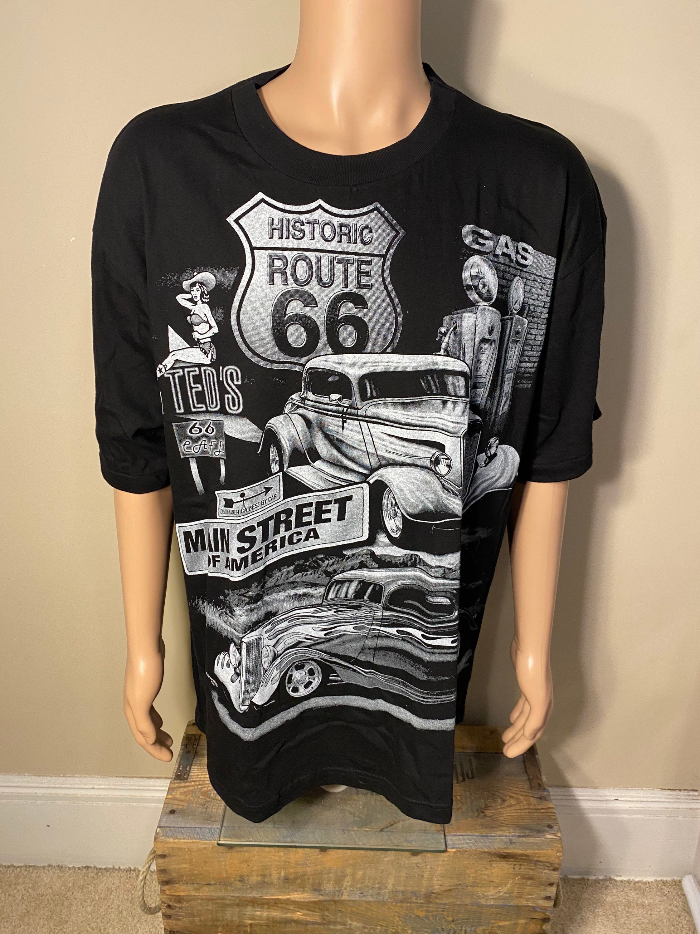 Vintage Historic Route 66 Shirt Main Street of America All Over Print Shirt Carribean Dream Black White Hot Rod Race Car Tee Etsy