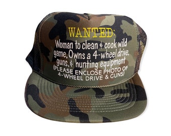 Vintage Camo Trucker hat // deadstock new old stock // adult size snapback hat // hunting outdoors woman wanted // funny mens humor hat