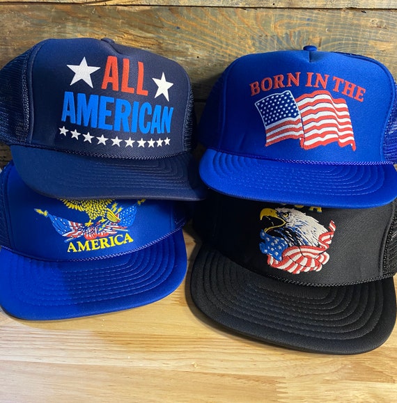 Vintage 4 Hat lot // American Flag Trucker hats /… - image 1