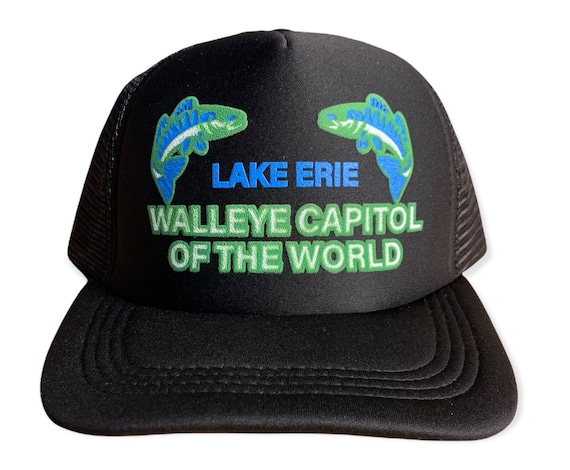 Vintage Lake Erie Walleye Fishing Trucker Hat - Black Snapback Cap NOS