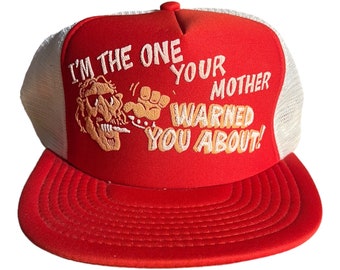 I'm the one your mother warned you about! // funny trucker hat // funny saying // vintage puff print snapback hat // adult size cap humor