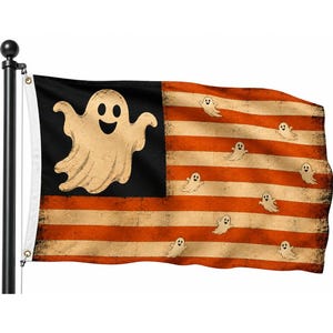 May include: A rectangular flag attached to a black pole featuring a large cream-colored ghost on a black field in the upper left corner. The remainder of the flag displays horizontal orange and cream stripes patterned with small ghost illustrations.