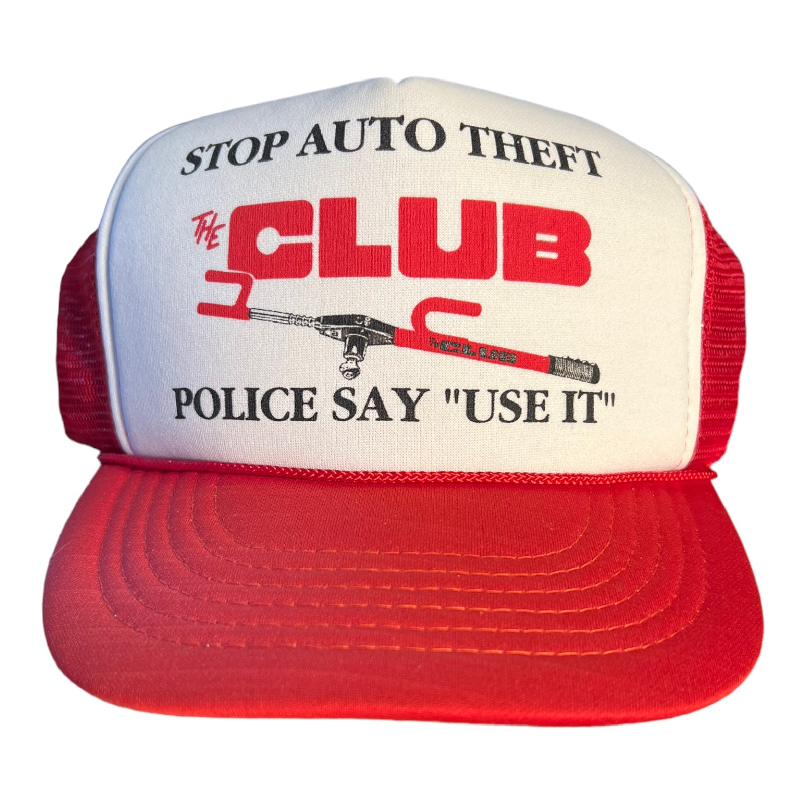Funny vintage hat // red mesh trucker hat // Stop auto theft The club hat // 1990s party costume // police say use it // new old stock