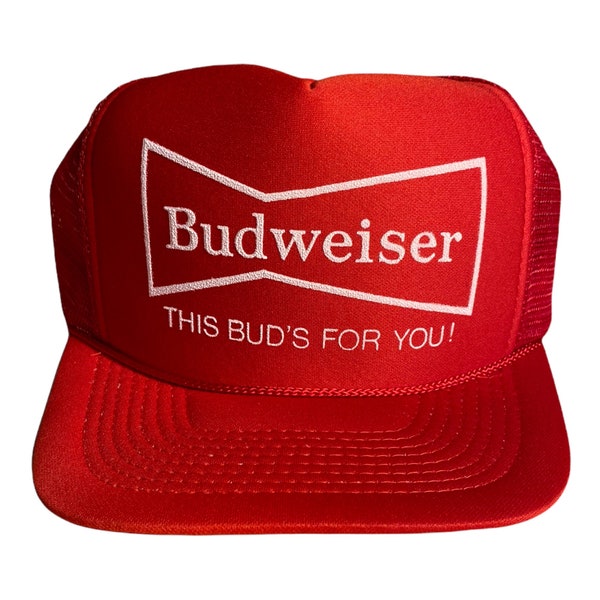 Vintage Budweiser Trucker hat // new old stock deadstock // adult size // Red this buds for you // mesh foam party costume rave festival cap