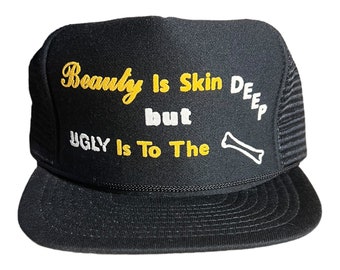 Vintage Funny trucker hat // beauty is skin deep but ugly is to the bone hat // funny black snapback hat // drinking bar party summer beach