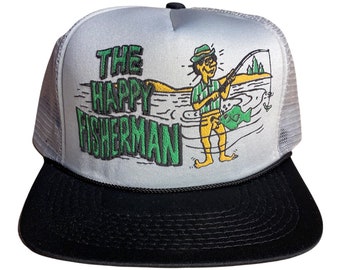 Vintage Fishing hat // The Happy fisherman funny  trucker hat // vintage trucker hat // fish boating boat snapback cap // deadstock nos