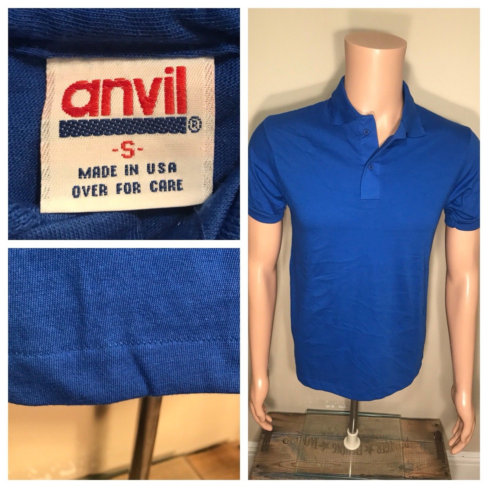 Vintage Anvil Brand Polo BLANK Tshirt NOS Deadstock Plain Blank Tee Blue Adult Size Small Made in USA 50 50 Blend Etsy Canada