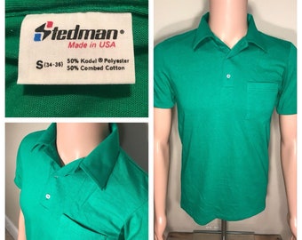 Vintage Stedman Polo collared pocket shirt // NOS deadstock plain blank tee // Green // adult size small // made in USA 50/50 blend //