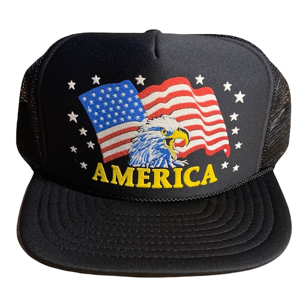 Vintage American Flag Trucker // black snapback cap // deadstock new old stock // nissun cap hat // 4th of july Proud American Bald EAGLE