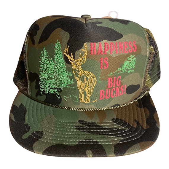 Vintage Camo Trucker Hat // Happiness is Big Bucks Hat // Funny Hunting Hat  Snapback Hat // Hunting Outdoors Deer Truck 4x4 Cap // Camo Hat 