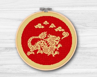 Jahr des Drachen Kreuzstich-Muster – Chinesisches Neujahr, Rot & Gold (PDF)