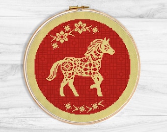 Year of the Horse Cross Stitch Pattern - Red and Gold, Lunar New Year (PDF)