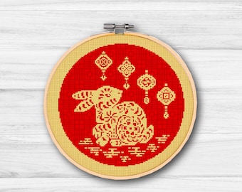 Year of the Rabbit-PDF cross stitch- Chinese New Year- Rabbit cross stitch- red gold-holiday-home decor-Lunar New Year-modern cross stitch