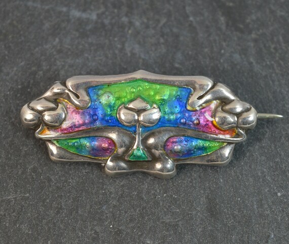 Stunning Art Nouveau Solid Silver & Enamel Brooch