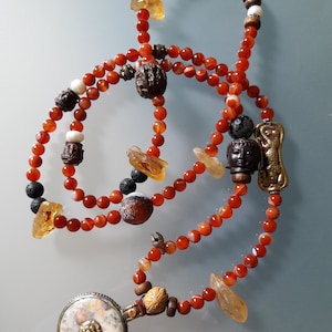 Buddhist Red Madagascar Agate 8 mm Mala with Big Jasper Charm Guru Bead by Ry Artisan Malas.