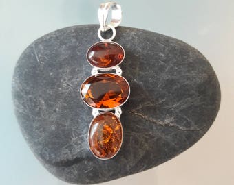 Citrine Quartz and Baltic Amber Pendant in 925 Sterling Silver.