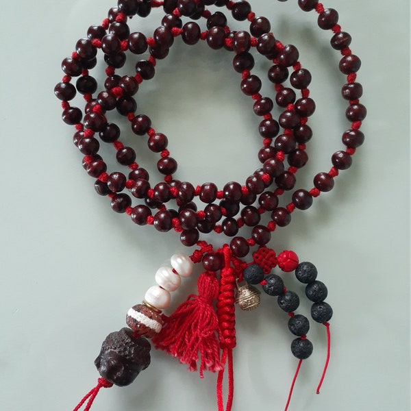 Red Chandan Sandalwood 8 mm Japa Mala w/ Buddha head, White pearls and Old Agate pendant Guru Bead by Ry Artisan Malas.