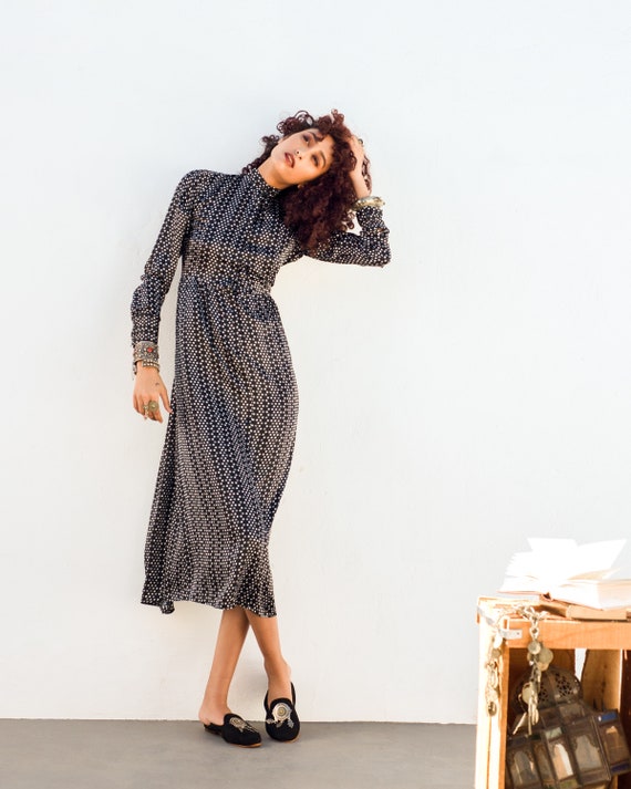 Delphine Long Silk Dress Black and White Circle Print Hanout