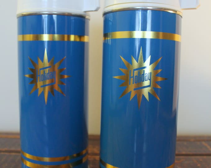 Vintage holiday Thermos, Made in England, Set of 2 Blue Metal Antique