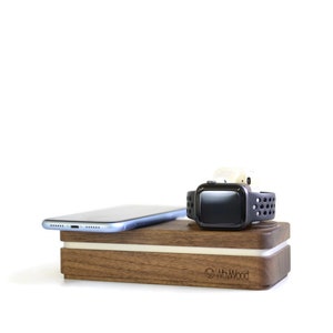 Wireless Charging Dock: Wooden Apple Watch, iPhone, AirPods Organizer