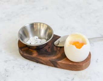 Eier Becher mit Schälchen für die Eierschale, Edelstahl Schälchen mit Massivholz, macht das Frühstück perfekt, tolles Mitbringsel