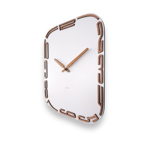 Wall clock white with walnut numbers and hands, designer wall clock from Switzerland