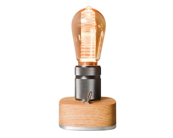 テーブルランプ ステンレススチールとオーク無垢材、LED電球 - 内部グローと装飾