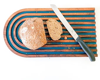 Bread board with epoxy grooves crumb catcher, rainbow design - great host gift idea, Swiss Made