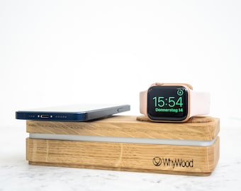 Wireless Charging Dock – Wooden Apple Watch & iPhone Organizer