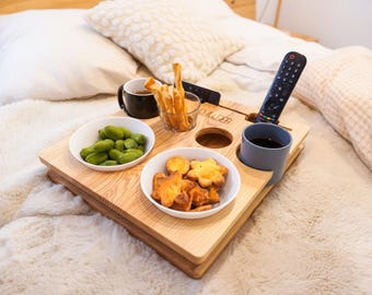 chillBar - wooden serving tray with cup holders snack bowls and tablet holder